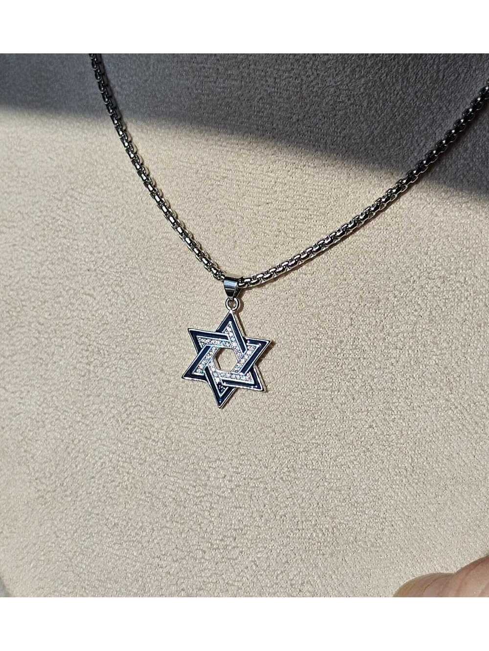 Steel Blue Enamel Star of David Pendant Necklace - CZ Jewish Jewelry Gift